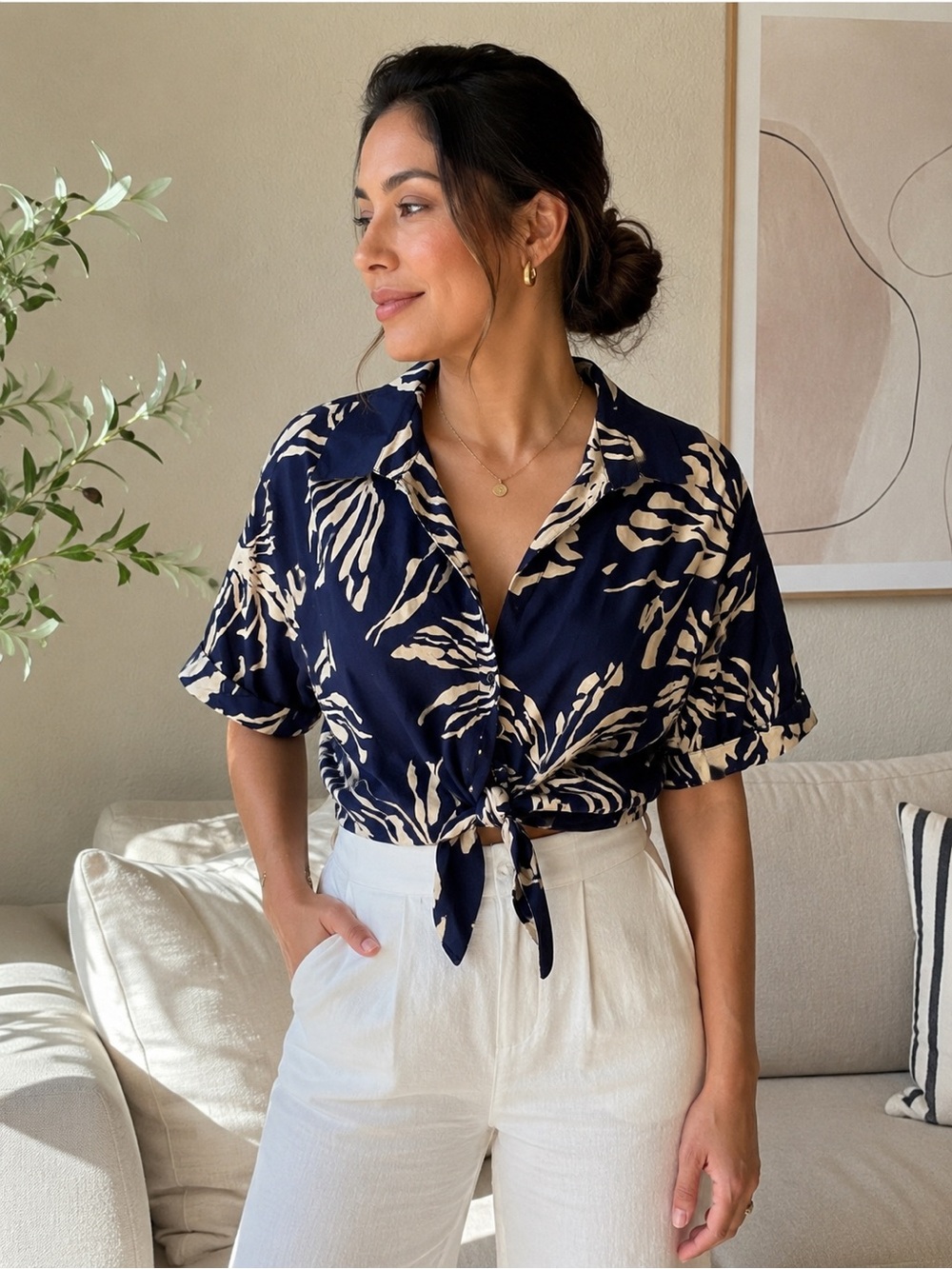 ZARA NWT Tropical Print Tie Front Crop Blouse Navy Blue Resort Button Up XS